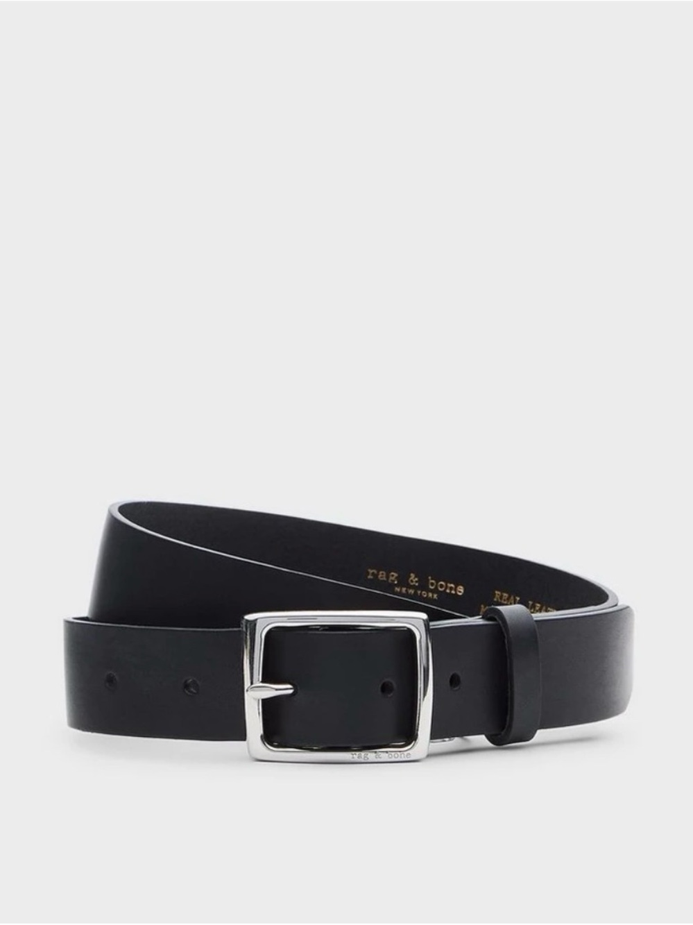 rag & bone Black Leather Belt with Silver-Tone Square Buckle